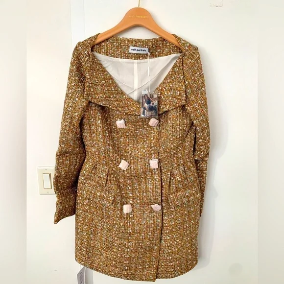Self-Portrait Gold Tinsel Boucle Off Shoulder Tweed Mini Dress NWT -  www.threedaughtersproperties.com